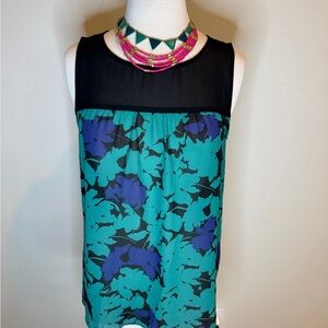 LOFT Teal and Black Floral Sleeveless Blouse